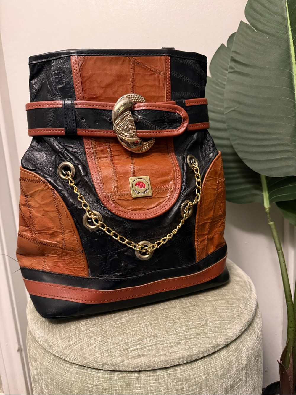 RARE New Hana Vintage Y2K Black Brown Patchwork Buckle Chain Shoulder Bag